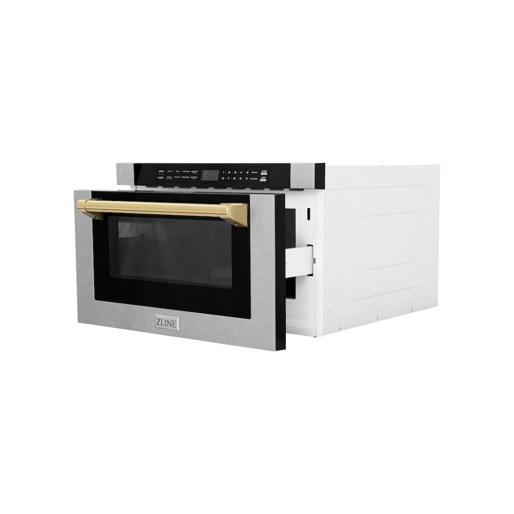 ZLINE Autograph Edition 24 in. 1.2 cu. ft. Built-in Microwave Drawer with a Traditional Handle in Satin Stainless Steel and Polished Gold Accents (MWDZ-1-SS-H-G)