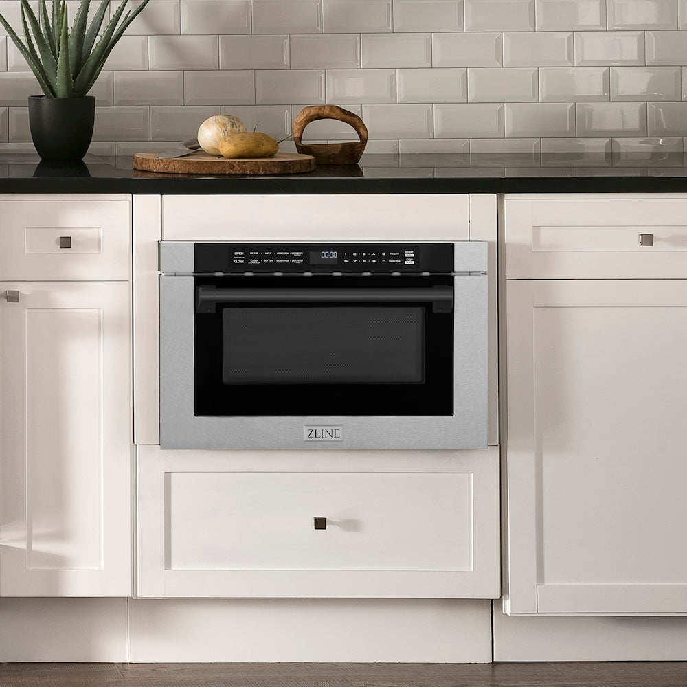 ZLINE Autograph Edition 24 in. 1.2 cu. ft. Built-in Microwave Drawer with a Traditional Handle in Satin Stainless Steel and Matte Black Accents (MWDZ-1-SS-H-MB)