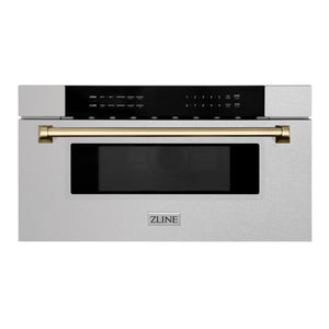 ZLINE Autograph Edition 30 in. 1.2 cu. ft. Built-In Microwave Drawer in Satin Stainless Steel with Champagne Bronze Accents (MWDZ-30-SS-CB) main image.