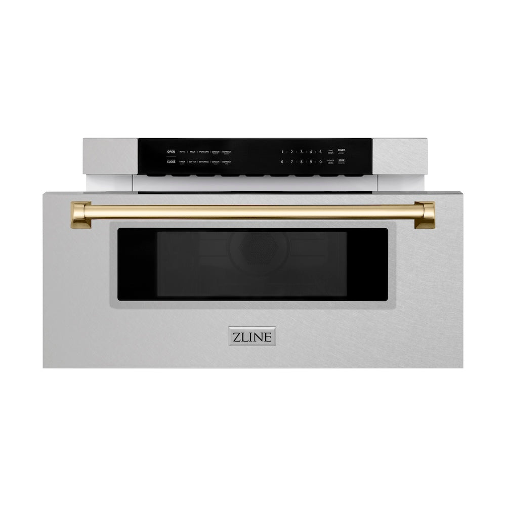 ZLINE Autograph Edition 30 in. 1.2 cu. ft. Built-In Microwave Drawer in Satin Stainless Steel with Polished Gold Accents (MWDZ-30-SS-G)