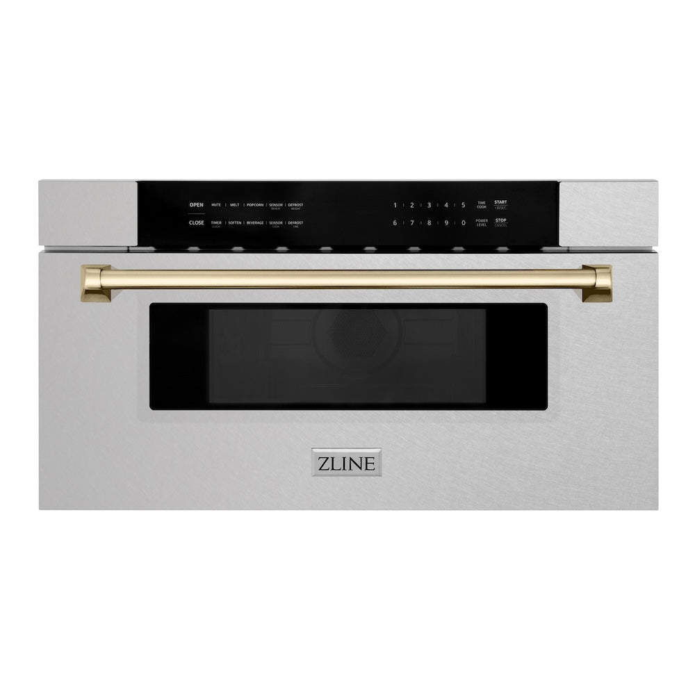 ZLINE Autograph Edition 30 in. 1.2 cu. ft. Built-In Microwave Drawer in Satin Stainless Steel with Polished Gold Accents (MWDZ-30-SS-G) main image.
