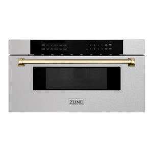 ZLINE Autograph Edition 30 in. 1.2 cu. ft. Built-In Microwave Drawer in Satin Stainless Steel with Polished Gold Accents (MWDZ-30-SS-G) main image.