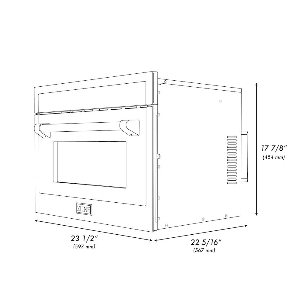 ZLINE Autograph Edition 24 in. 1.6 cu ft. Built-in Convection Microwave Oven in Satin Stainless Steel with Champagne Bronze Accents (MWOZ-24-SS-CB) dimensional diagram.