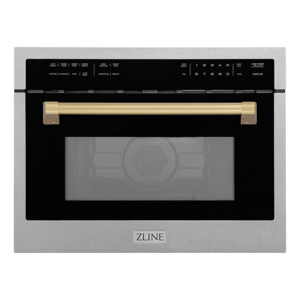 ZLINE Autograph Edition 24 in. 1.6 cu ft. Built-in Convection Microwave Oven in Satin Stainless Steel with Champagne Bronze Accents (MWOZ-24-SS-CB) front, closed.