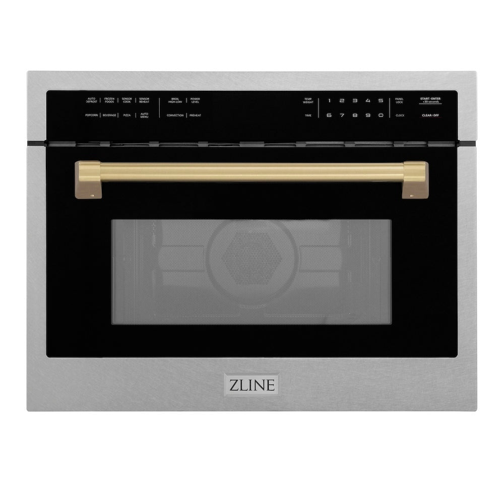 ZLINE Autograph Edition 24 in. 1.6 cu ft. Built-in Convection Microwave Oven in Satin Stainless Steel with Champagne Bronze Accents (MWOZ-24-SS-CB) main image.