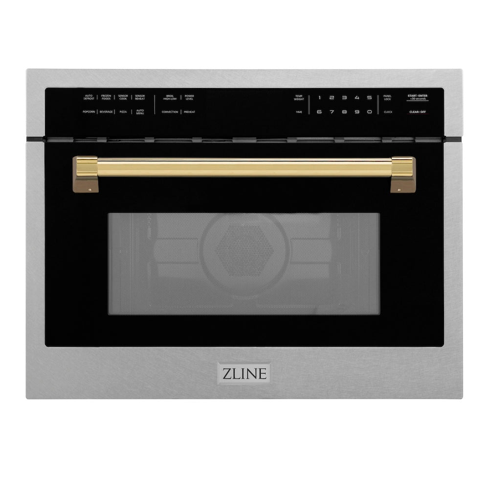 ZLINE Autograph Edition 24 in. 1.6 cu ft. Built-in Convection Microwave Oven in Satin Stainless Steel with Polished Gold Accents (MWOZ-24-SS-G) main image.