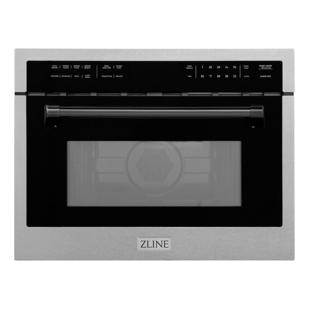 ZLINE Autograph Edition 24 in. 1.6 cu ft. Built-in Convection Microwave Oven in Satin Stainless Steel with Matte Black Accents (MWOZ-24-SS-MB) front, closed.