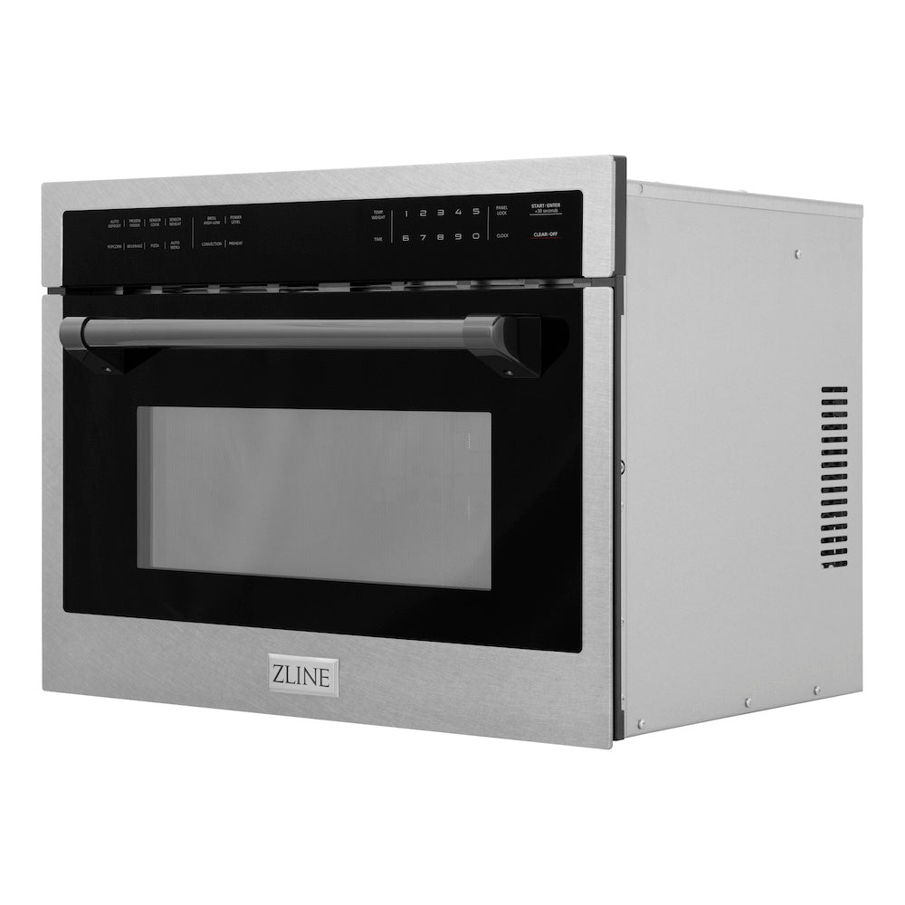 ZLINE Autograph Edition 24 in. 1.6 cu ft. Built-in Convection Microwave Oven in Satin Stainless Steel with Matte Black Accents (MWOZ-24-SS-MB) side, closed.
