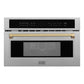 ZLINE Autograph Edition 30 in. 1.6 cu ft. Built-in Convection Microwave Oven in Satin Stainless Steel and Champagne Bronze Accents (MWOZ-30-SS-CB) front, closed.