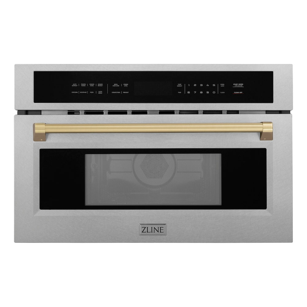 ZLINE Autograph Edition 30 in. 1.6 cu ft. Built-in Convection Microwave Oven in Satin Stainless Steel and Champagne Bronze Accents (MWOZ-30-SS-CB) front, closed.