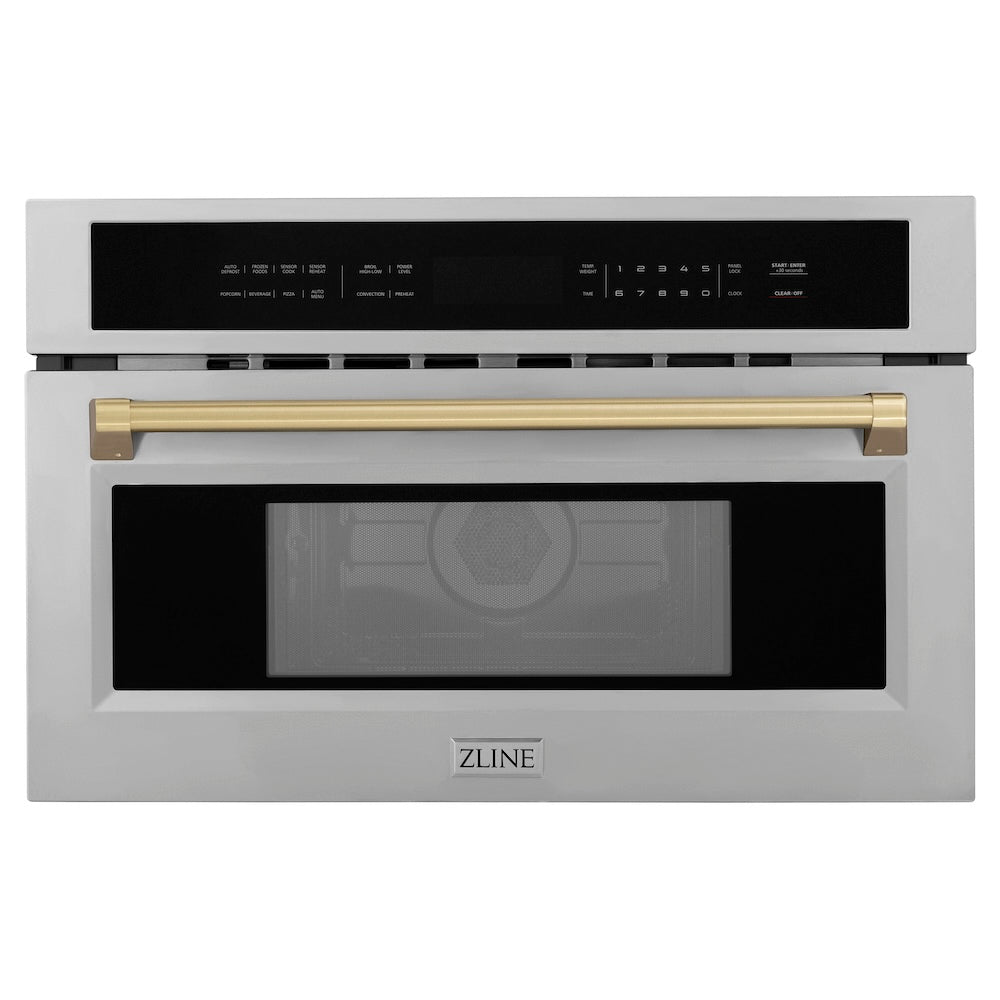 ZLINE Autograph Edition 30 in. 1.6 cu ft. Built-in Convection Microwave Oven in Satin Stainless Steel and Champagne Bronze Accents (MWOZ-30-SS-CB) main image.