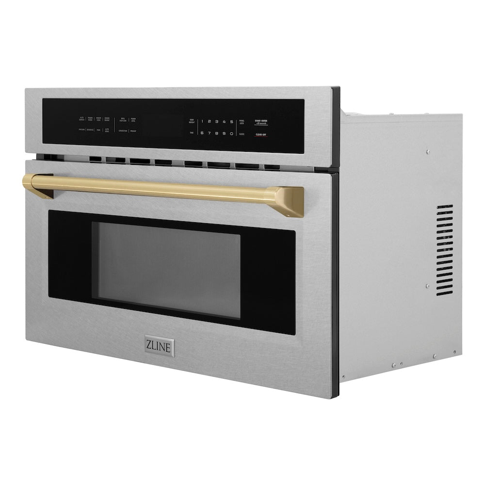 ZLINE Autograph Edition 30 in. 1.6 cu ft. Built-in Convection Microwave Oven in Satin Stainless Steel and Champagne Bronze Accents (MWOZ-30-SS-CB) side, closed.
