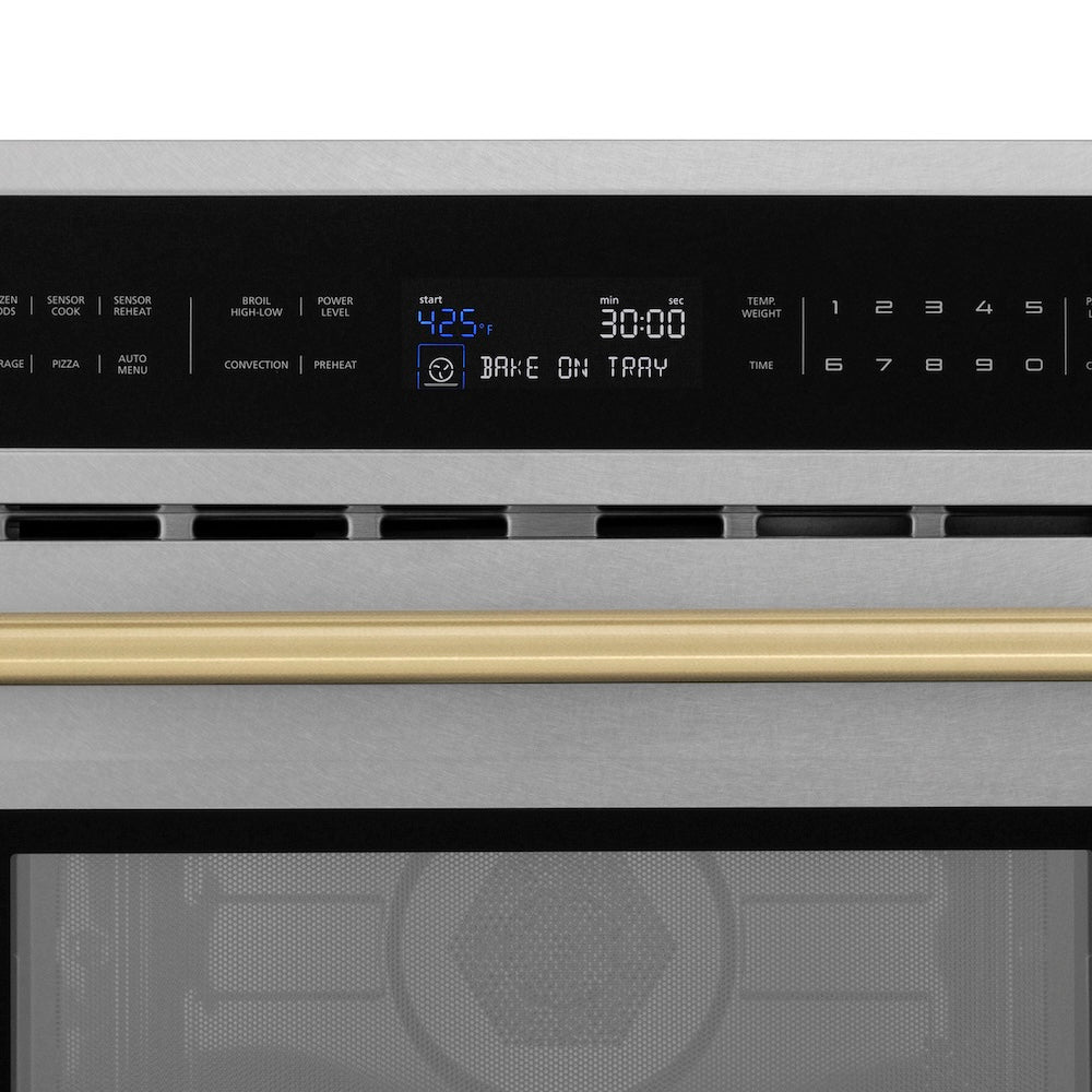 ZLINE Autograph Edition 30 in. 1.6 cu ft. Built-in Convection Microwave Oven in Satin Stainless Steel and Champagne Bronze Accents (MWOZ-30-SS-CB) digital control panel on a white background