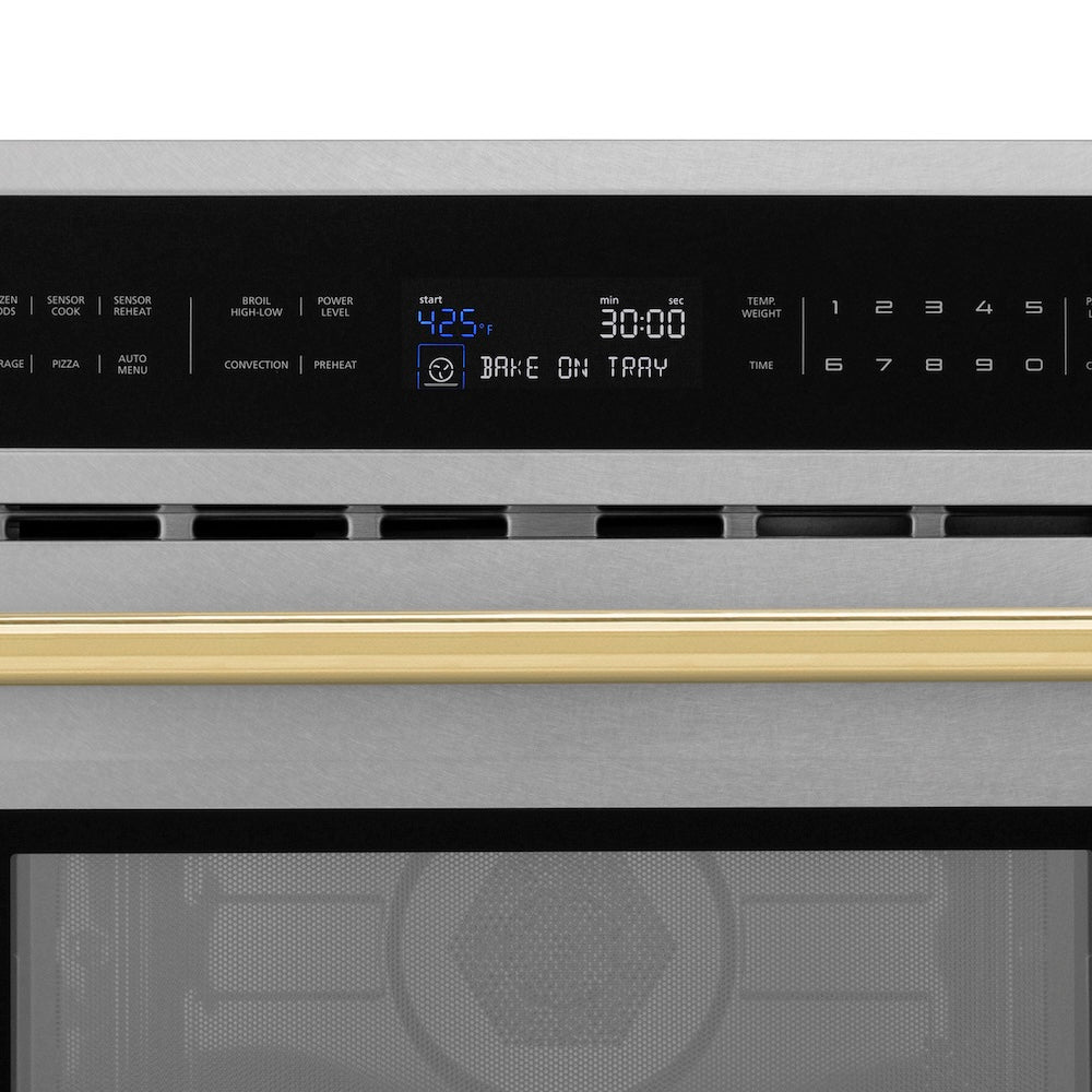 ZLINE Autograph Edition 30 in. 1.6 cu ft. Built-in Convection Microwave Oven in Satin Stainless Steel and Polished Gold Accents (MWOZ-30-SS-G) digital display and control panel