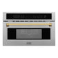 ZLINE Autograph Edition 30 in. 1.6 cu ft. Built-in Convection Microwave Oven in Satin Stainless Steel and Polished Gold Accents (MWOZ-30-SS-G) front, closed.