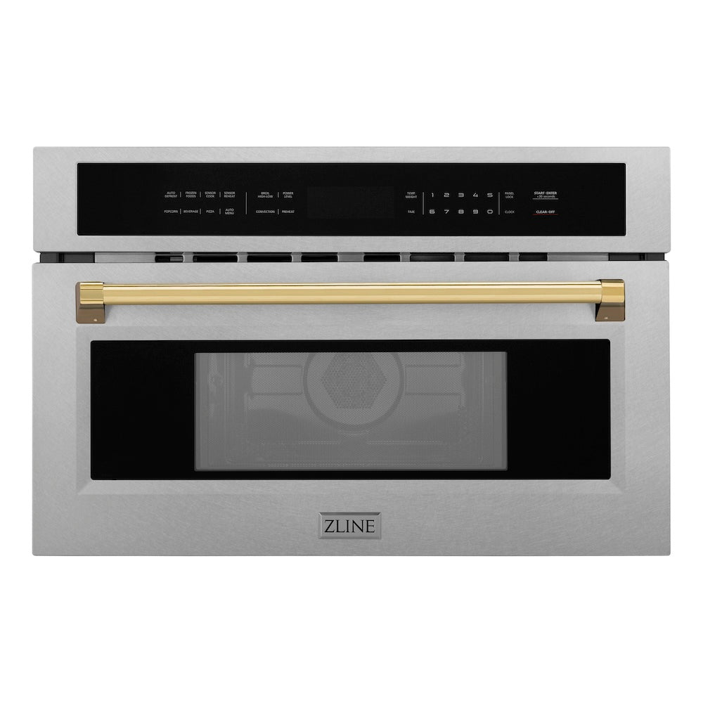 ZLINE Autograph Edition 30 in. 1.6 cu ft. Built-in Convection Microwave Oven in Satin Stainless Steel and Polished Gold Accents (MWOZ-30-SS-G) front, closed.
