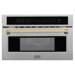 ZLINE Autograph Edition 30 in. 1.6 cu ft. Built-in Convection Microwave Oven in Satin Stainless Steel and Polished Gold Accents (MWOZ-30-SS-G) main image.