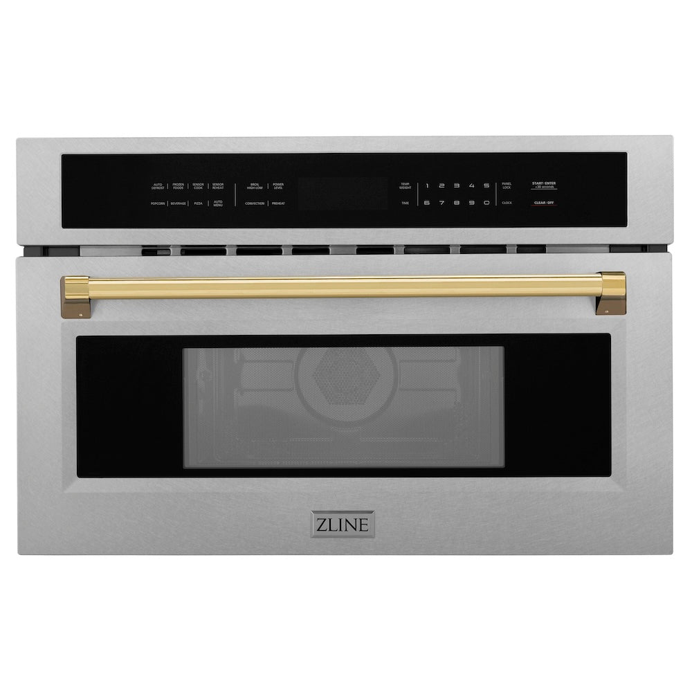 ZLINE Autograph Edition 30 in. 1.6 cu ft. Built-in Convection Microwave Oven in Satin Stainless Steel and Polished Gold Accents (MWOZ-30-SS-G) main image.