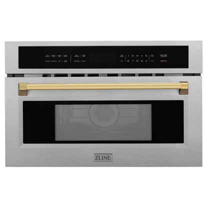 ZLINE Autograph Edition 30 in. 1.6 cu ft. Built-in Convection Microwave Oven in Satin Stainless Steel and Polished Gold Accents (MWOZ-30-SS-G) main image.