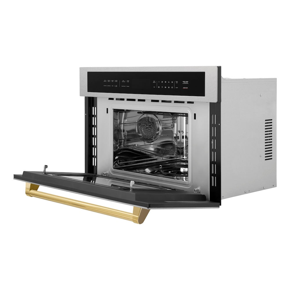 ZLINE Autograph Edition 30 in. 1.6 cu ft. Built-in Convection Microwave Oven in Satin Stainless Steel and Polished Gold Accents (MWOZ-30-SS-G) side, open.