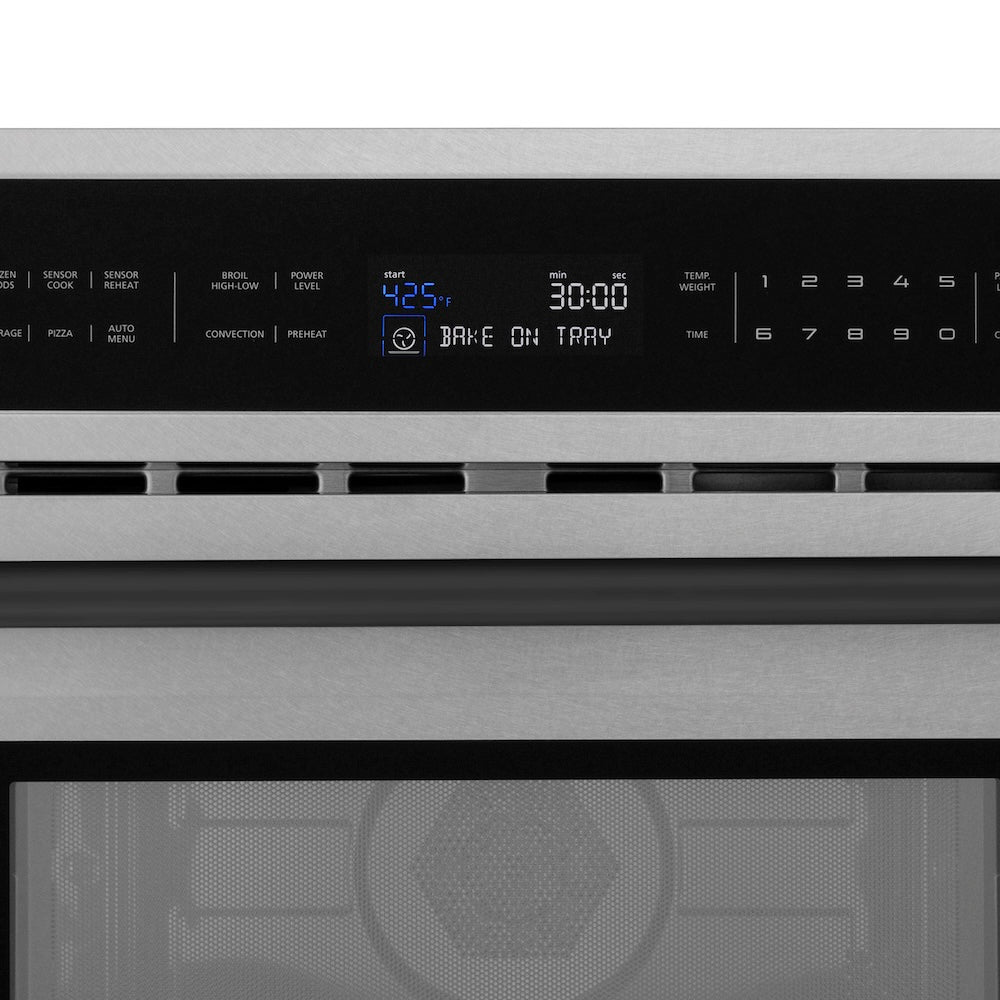 ZLINE Autograph Edition 30 in. 1.6 cu ft. Built-in Convection Microwave Oven in Satin Stainless Steel and Matte Black Accents (MWOZ-30-SS-MB) digital control panel on a white background