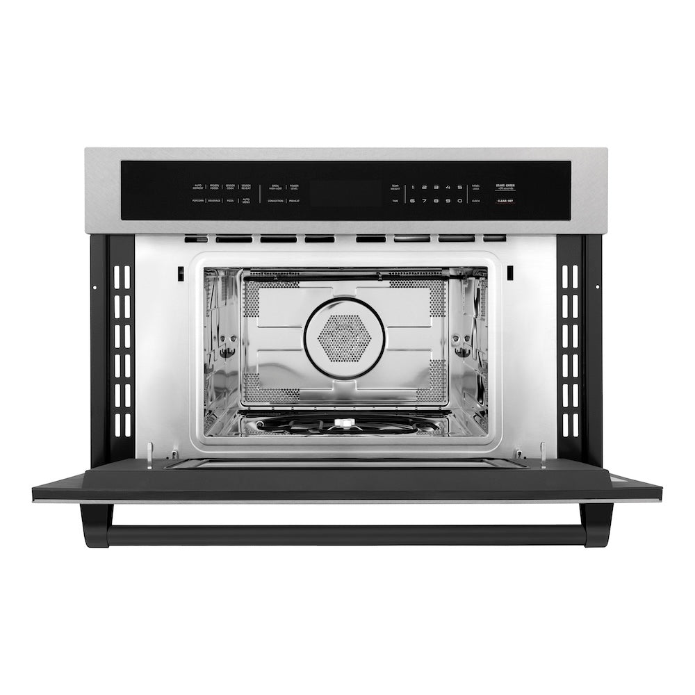 ZLINE Autograph Edition 30 in. 1.6 cu ft. Built-in Convection Microwave Oven in Satin Stainless Steel and Matte Black Accents (MWOZ-30-SS-MB) front, open.