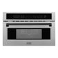 ZLINE Autograph Edition 30 in. 1.6 cu ft. Built-in Convection Microwave Oven in Satin Stainless Steel and Matte Black Accents (MWOZ-30-SS-MB) front, closed.