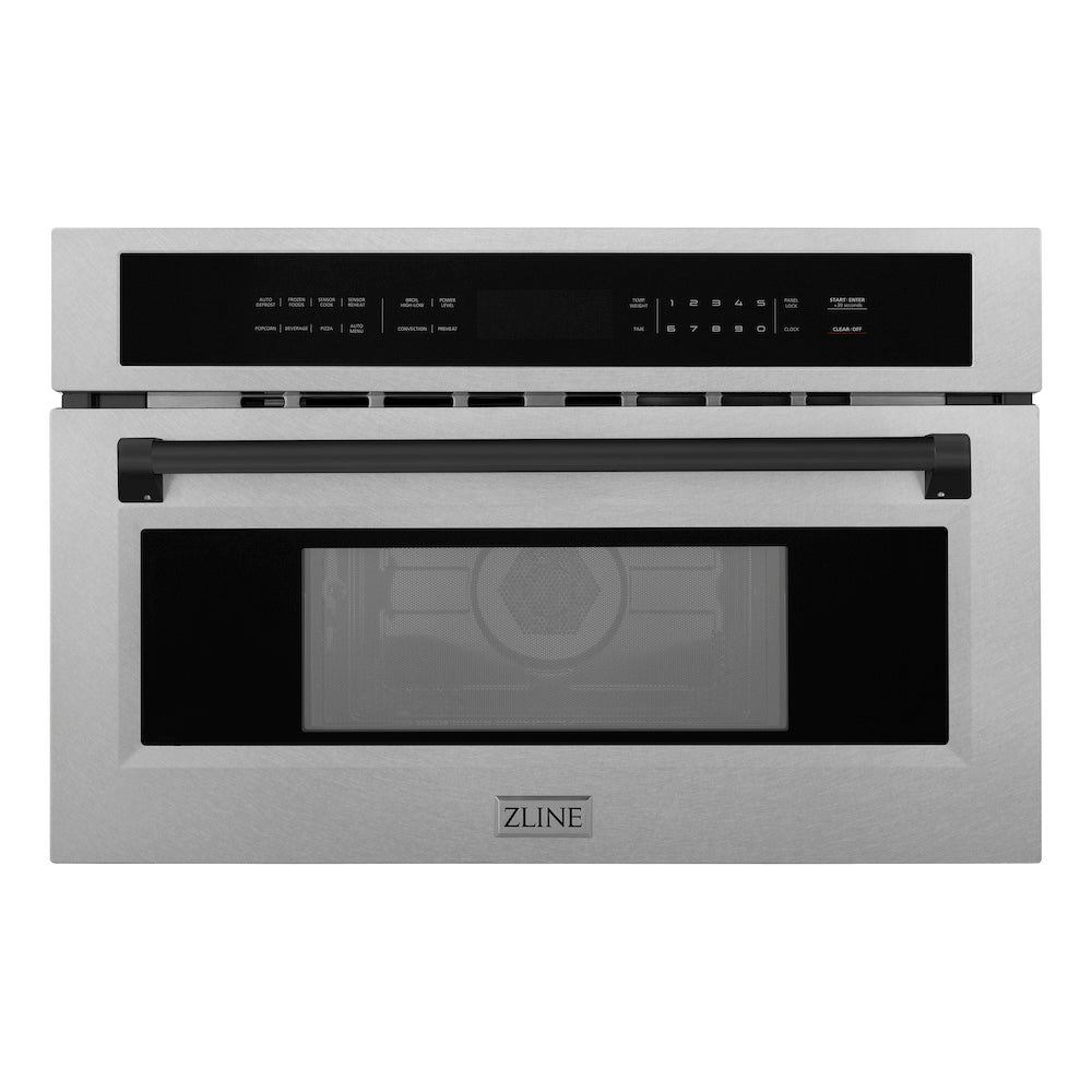 ZLINE Autograph Edition 30 in. 1.6 cu ft. Built-in Convection Microwave Oven in Satin Stainless Steel and Matte Black Accents (MWOZ-30-SS-MB) front, closed.