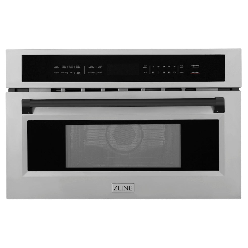 ZLINE Autograph Edition 30 in. 1.6 cu ft. Built-in Convection Microwave Oven in Satin Stainless Steel and Matte Black Accents (MWOZ-30-SS-MB) main image.