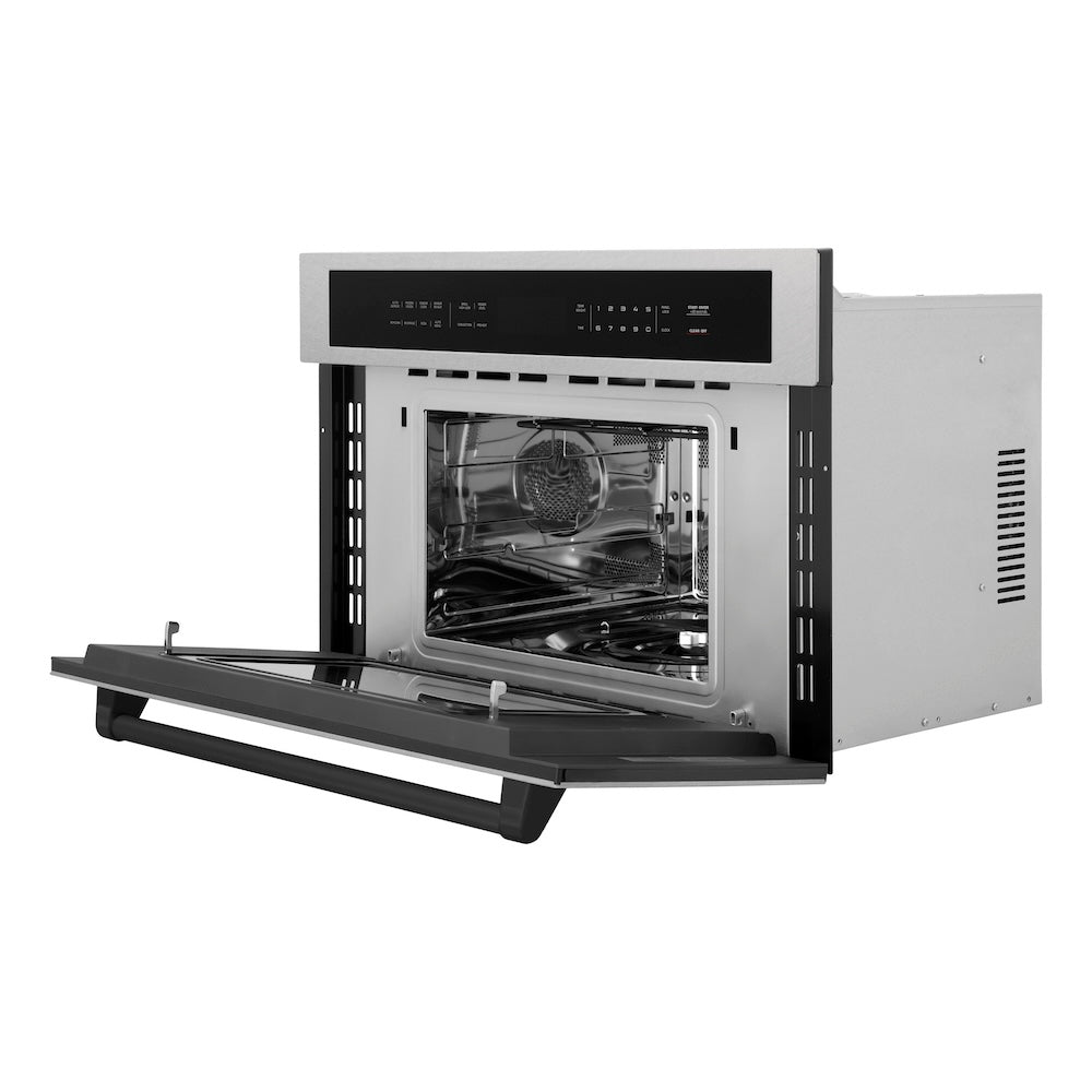 ZLINE Autograph Edition 30 in. 1.6 cu ft. Built-in Convection Microwave Oven in Satin Stainless Steel and Matte Black Accents (MWOZ-30-SS-MB) side, open.