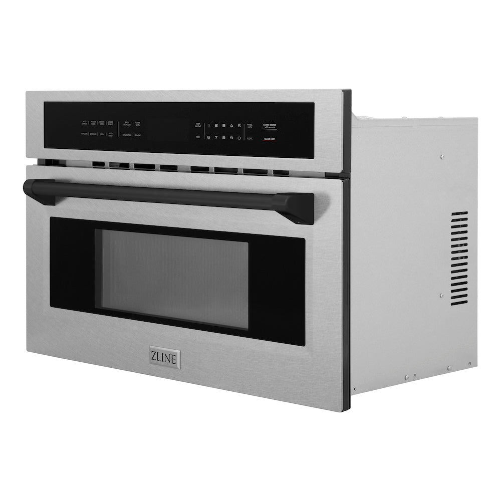 ZLINE Autograph Edition 30 in. 1.6 cu ft. Built-in Convection Microwave Oven in Satin Stainless Steel and Matte Black Accents (MWOZ-30-SS-MB) side, closed.