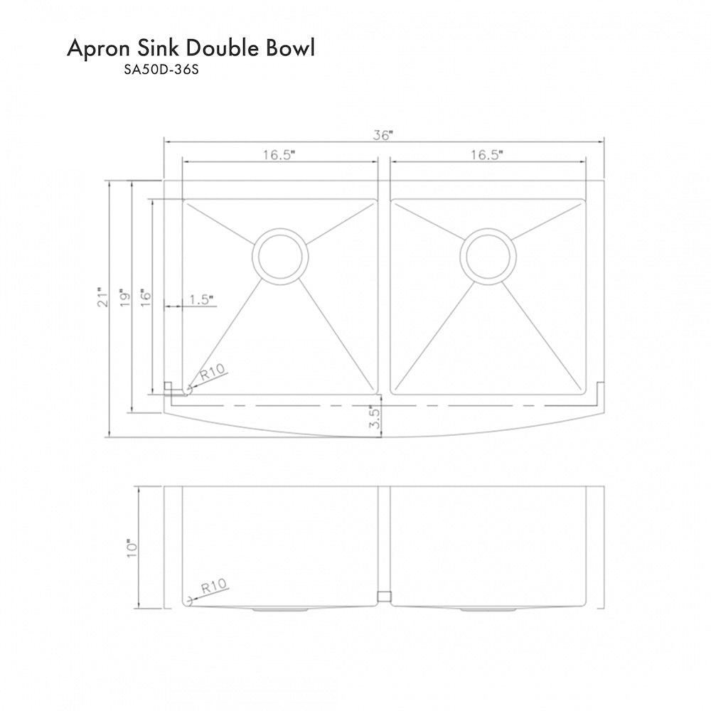 ZLINE 36 in. Niseko Farmhouse Apron Mount Double Bowl Kitchen Sink with Bottom Grid and Color Options (SA50D-36) dimensional diagram.