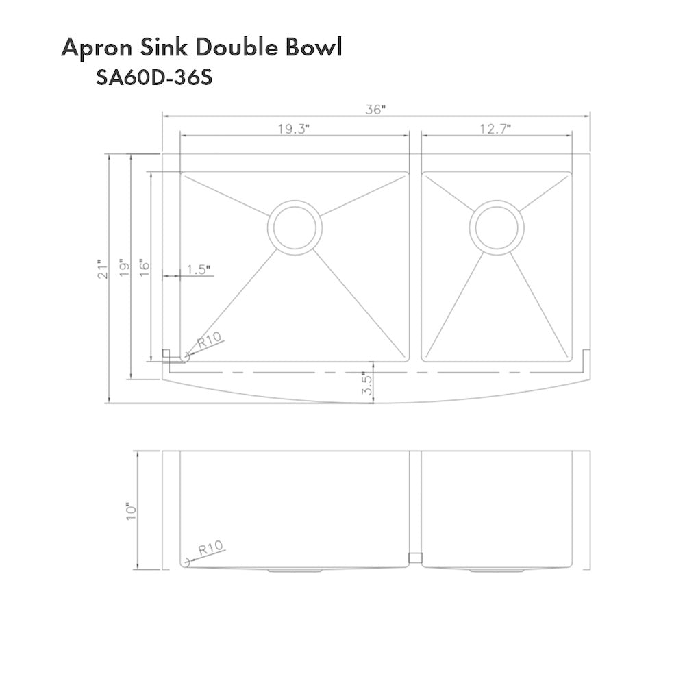 ZLINE 36 in. Courchevel Farmhouse Apron Mount Double Bowl Kitchen Sink with Bottom Grid and Color Options (SA60D-36) dimensional diagram.