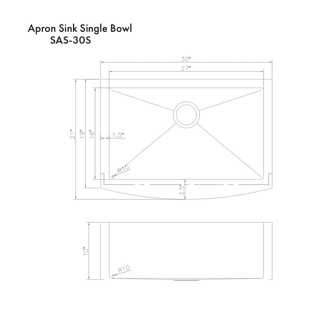 ZLINE 30 in. Zermatt Farmhouse Apron Mount Single Bowl Kitchen Sink with Bottom Grid and Color Options (SAS-30) dimensional diagram.