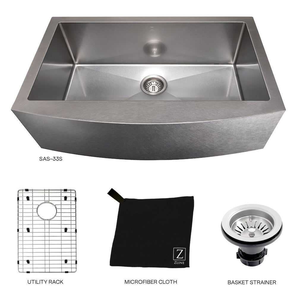 ZLINE 33 in. Vail Farmhouse Apron Mount Single Bowl Kitchen Sink with Bottom Grid and Color Options (SAS-33) Satin Stainless Steel with accessories on a white background