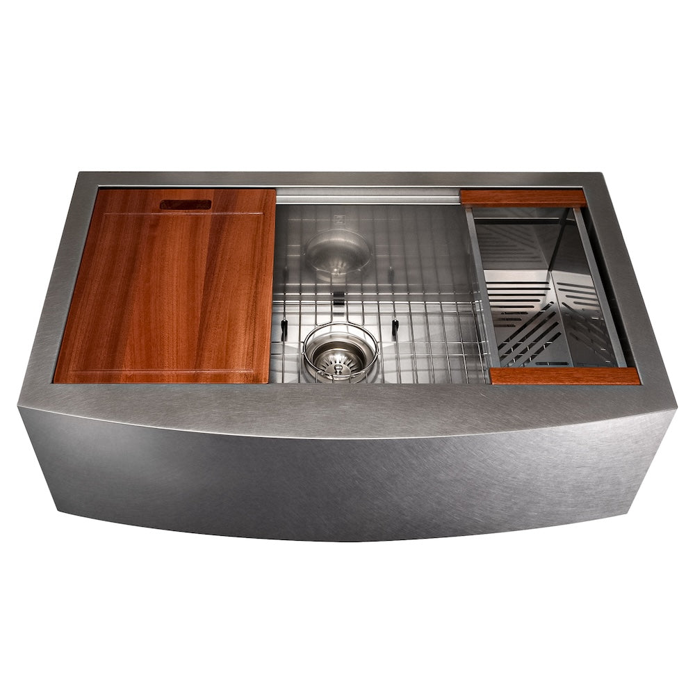 ZLINE 33 in. Moritz Farmhouse Apron Mount Single Bowl Kitchen Sink with Bottom Grid and Accessories (SLSAP-33) Satin Stainless Steel