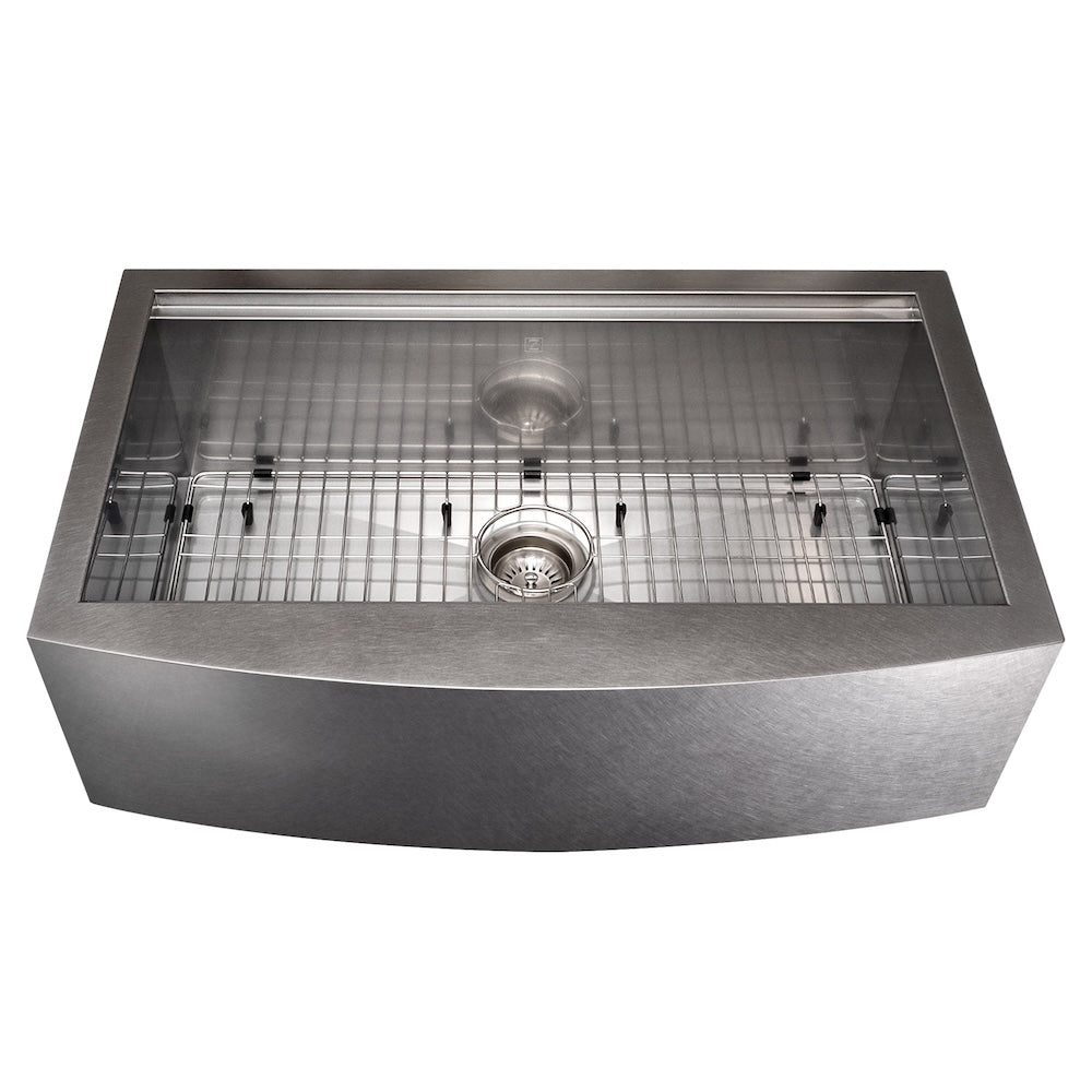 ZLINE 33 in. Moritz Farmhouse Apron Mount Single Bowl Kitchen Sink with Bottom Grid and Accessories (SLSAP-33) Satin Stainless Steel
