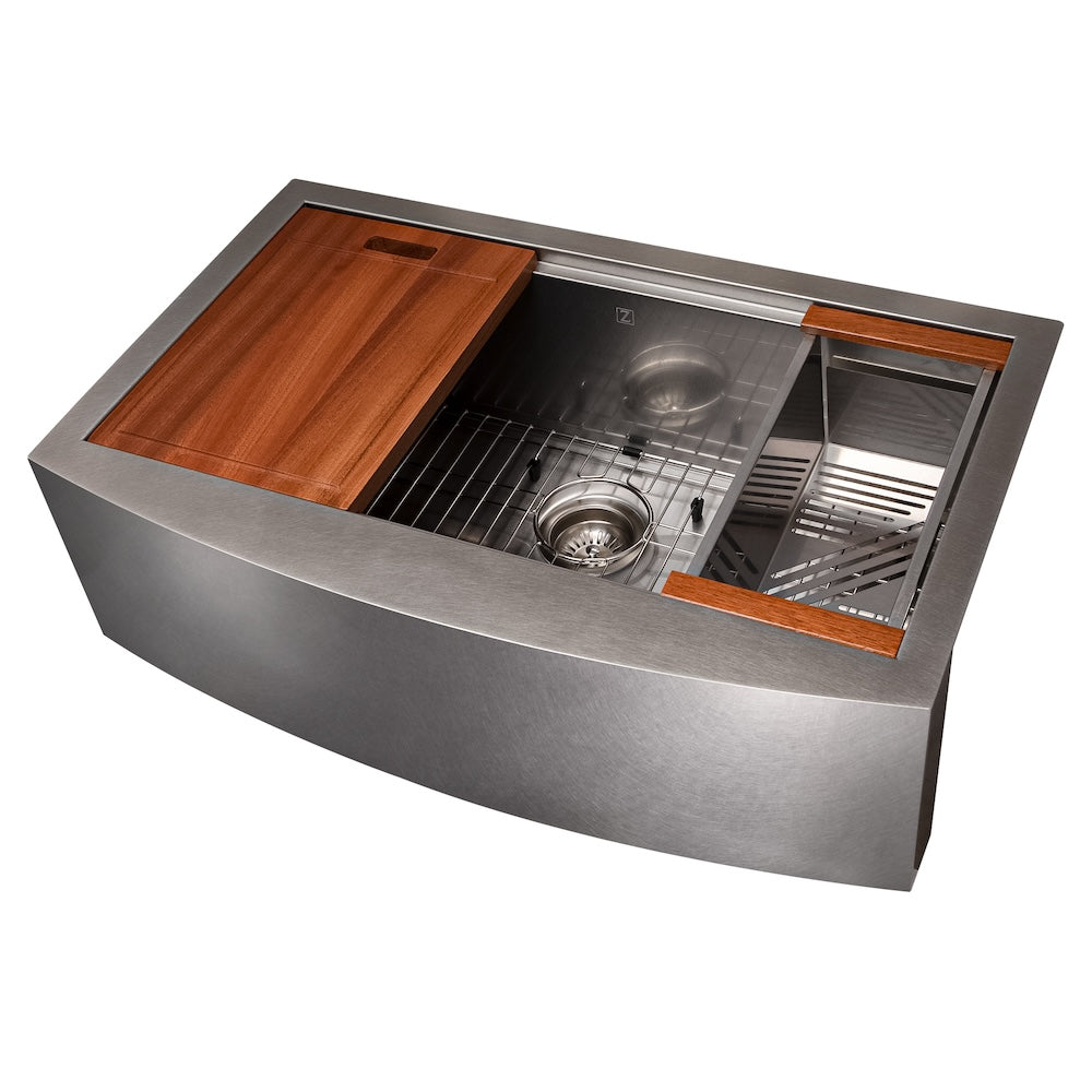 ZLINE 33 in. Moritz Farmhouse Apron Mount Single Bowl Kitchen Sink with Bottom Grid and Accessories (SLSAP-33) Satin Stainless Steel
