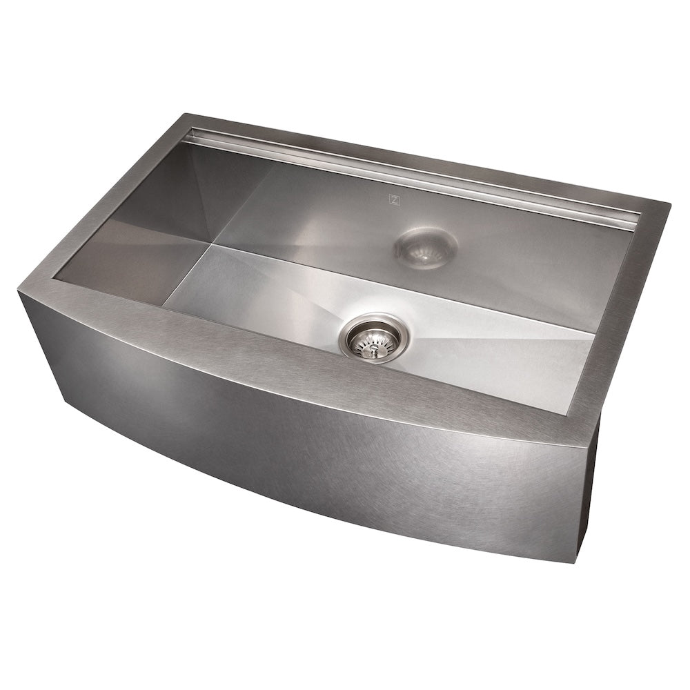 ZLINE 33 in. Moritz Farmhouse Apron Mount Single Bowl Kitchen Sink with Bottom Grid and Accessories (SLSAP-33) Satin Stainless Steel