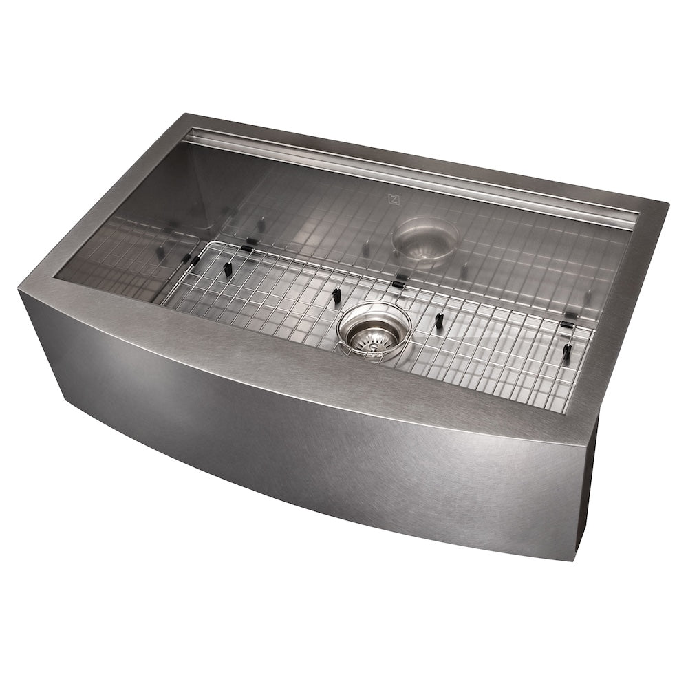 ZLINE 33 in. Moritz Farmhouse Apron Mount Single Bowl Kitchen Sink with Bottom Grid and Accessories (SLSAP-33) Satin Stainless Steel