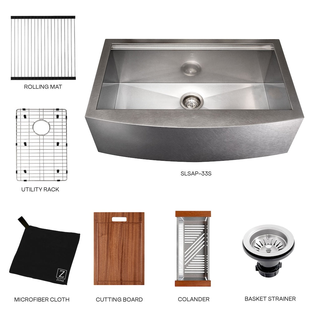 ZLINE 33 in. Moritz Farmhouse Apron Mount Single Bowl Kitchen Sink with Bottom Grid and Accessories (SLSAP-33) Satin Stainless Steel including a rolling mat, utility rack, microfiber cloth, cutting board, colander, and basket strainer.