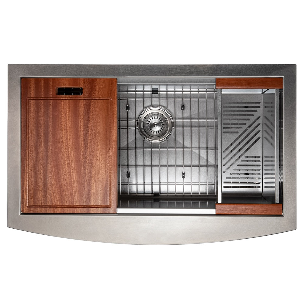 ZLINE 33 in. Moritz Farmhouse Apron Mount Single Bowl Kitchen Sink with Bottom Grid and Accessories (SLSAP-33) Satin Stainless Steel