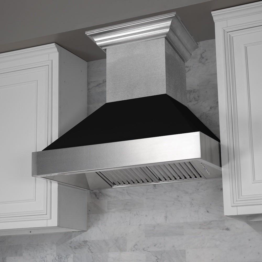 ZLINE Ducted Satin Stainless Steel Wall Mount Range Hood with Black Matte Shell and Size Options (8654BLM)