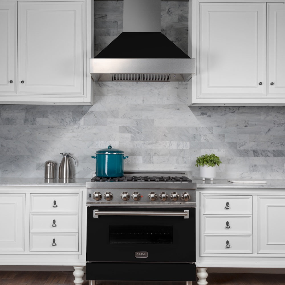 ZLINE Ducted Satin Stainless Steel Wall Mount Range Hood with Black Matte Shell and Size Options (8654BLM)