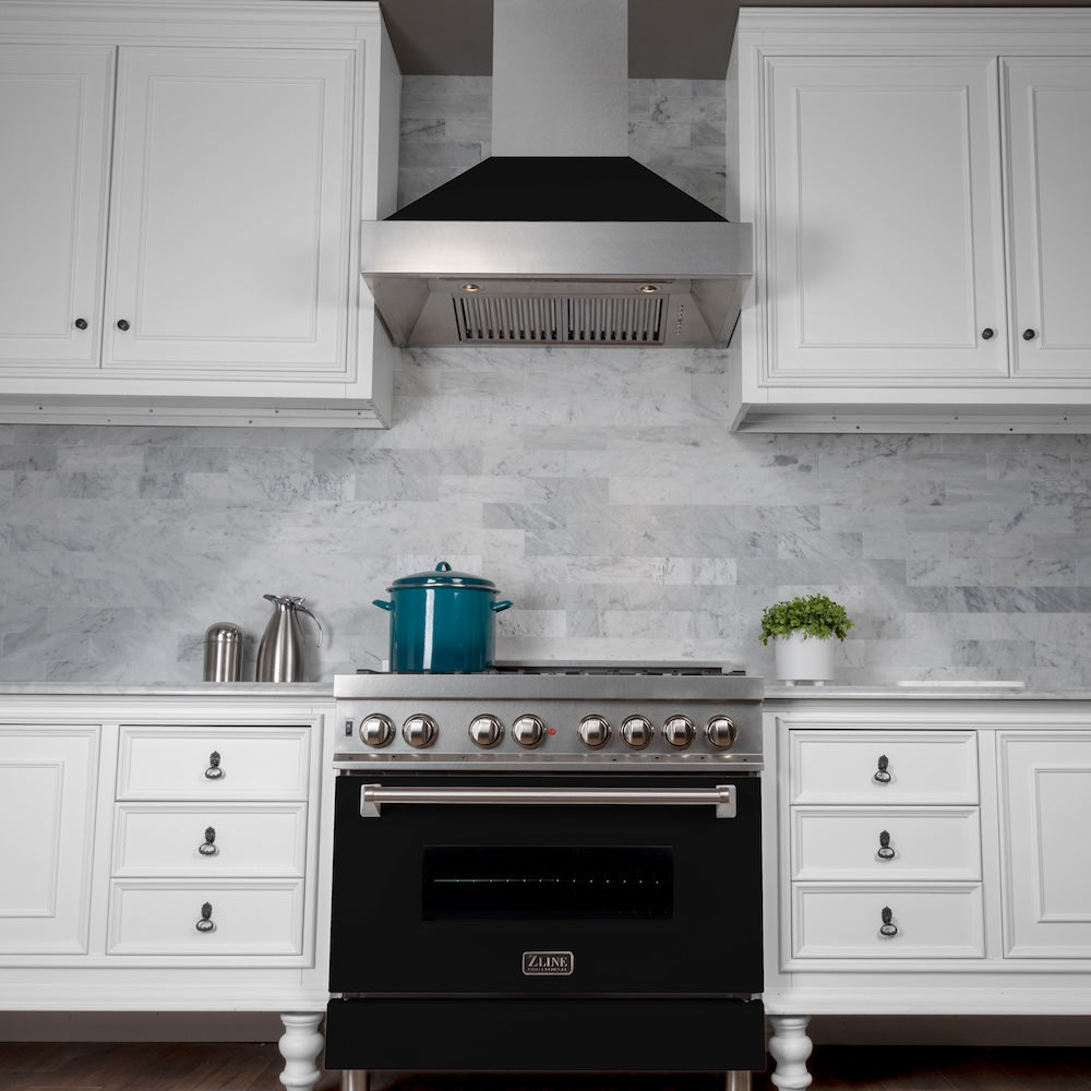 ZLINE Ducted Satin Stainless Steel Wall Mount Range Hood with Black Matte Shell and Size Options (8654BLM) front, under.