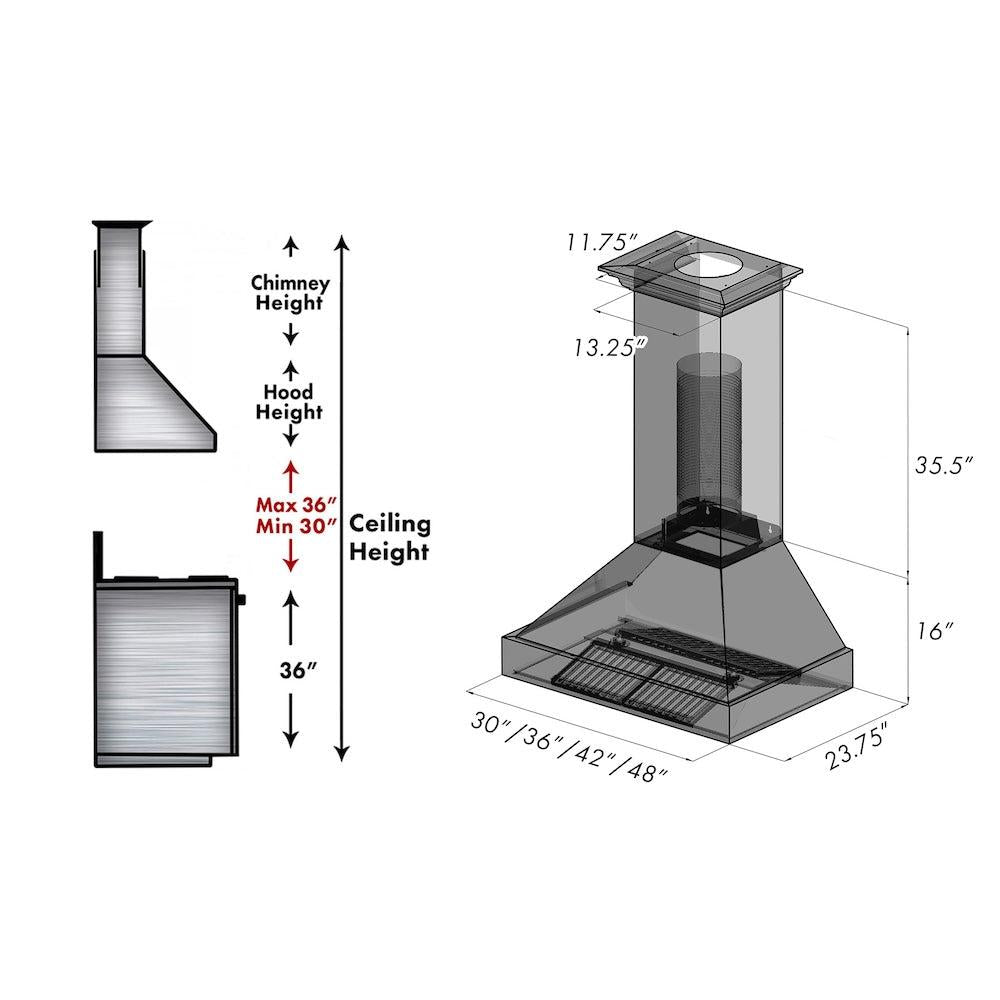 ZLINE Ducted Satin Stainless Steel Wall Mount Range Hood with Black Matte Shell and Size Options (8654BLM)