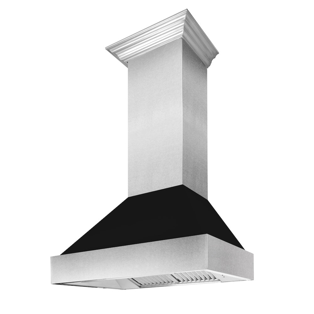 ZLINE Ducted Satin Stainless Steel Wall Mount Range Hood with Black Matte Shell and Size Options (8654BLM)