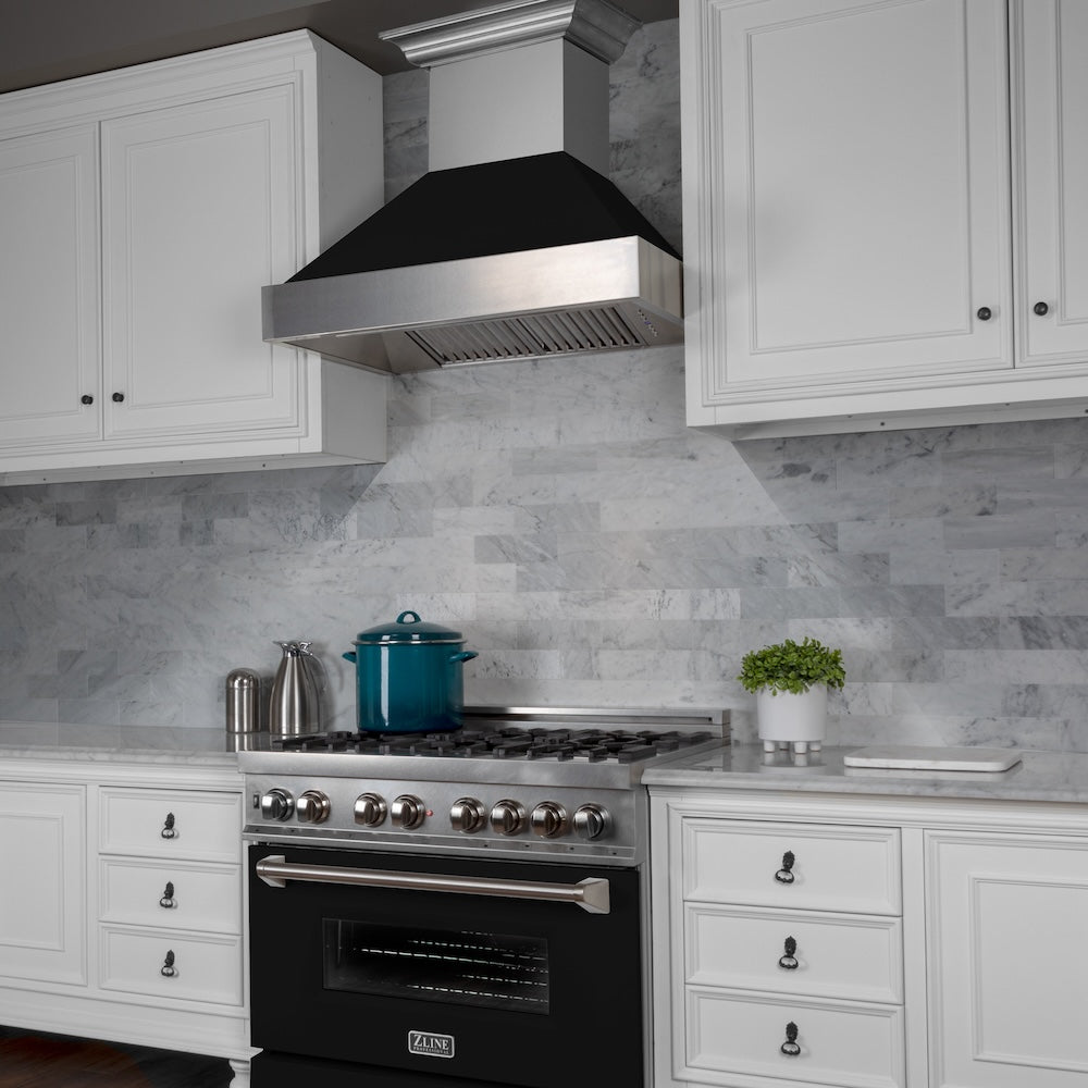 ZLINE Ducted Satin Stainless Steel Wall Mount Range Hood with Black Matte Shell and Size Options (8654BLM)