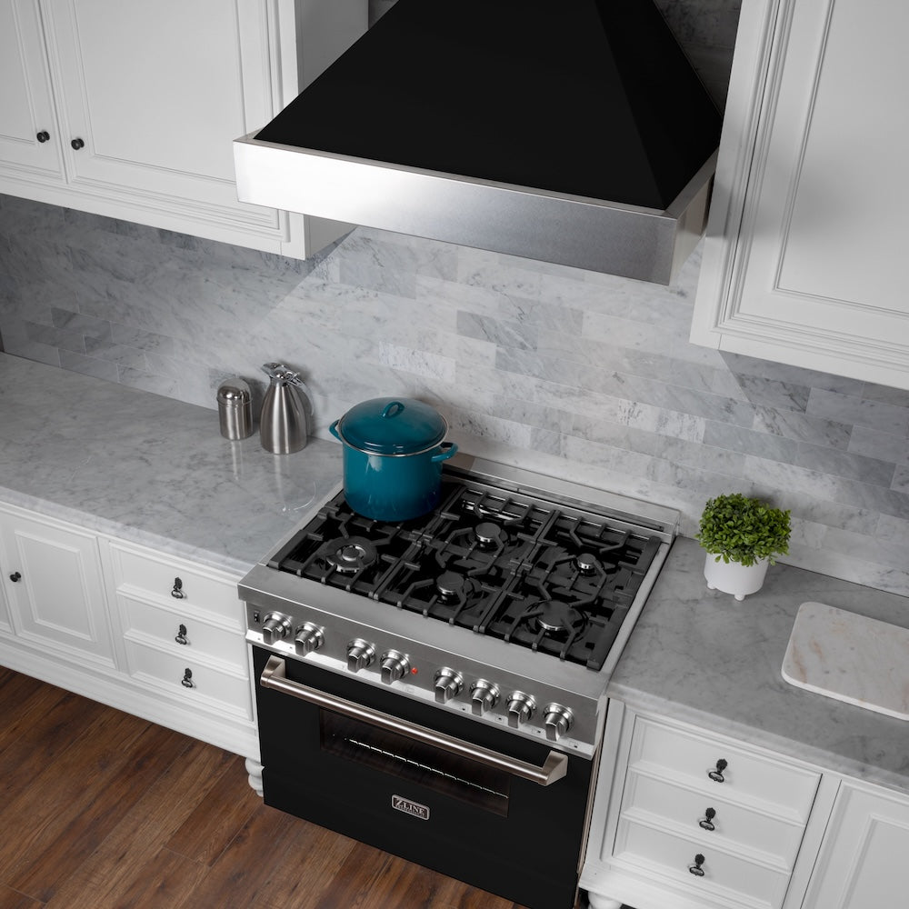 ZLINE Ducted Satin Stainless Steel Wall Mount Range Hood with Black Matte Shell and Size Options (8654BLM)