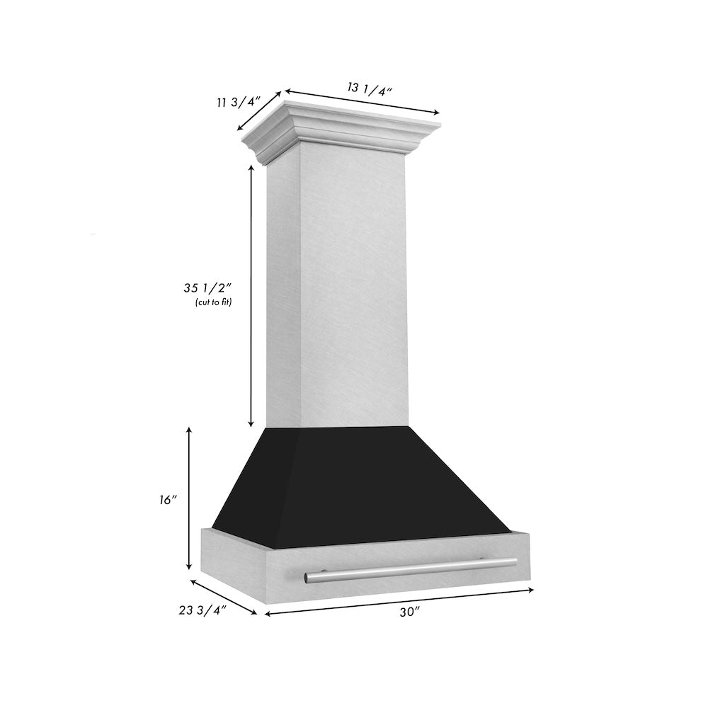 ZLINE 30 in. Satin Stainless Steel Wall Mount Range Hood with Colored Shell and Stainless Steel Handle (8654SNX-30) dimensional diagram.
